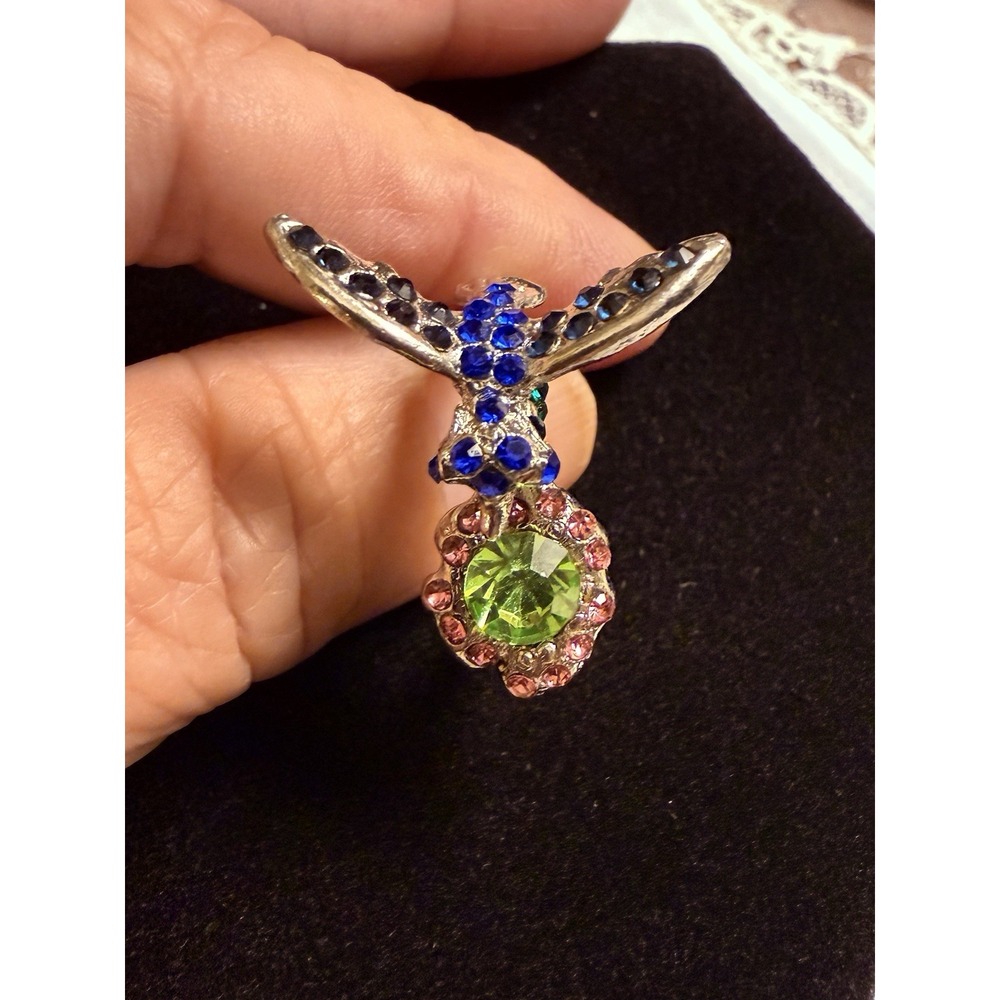 Vtg Sz 8 Rhinestone Hummingbird Ring Blue Pink Green Crystal Figural Statement